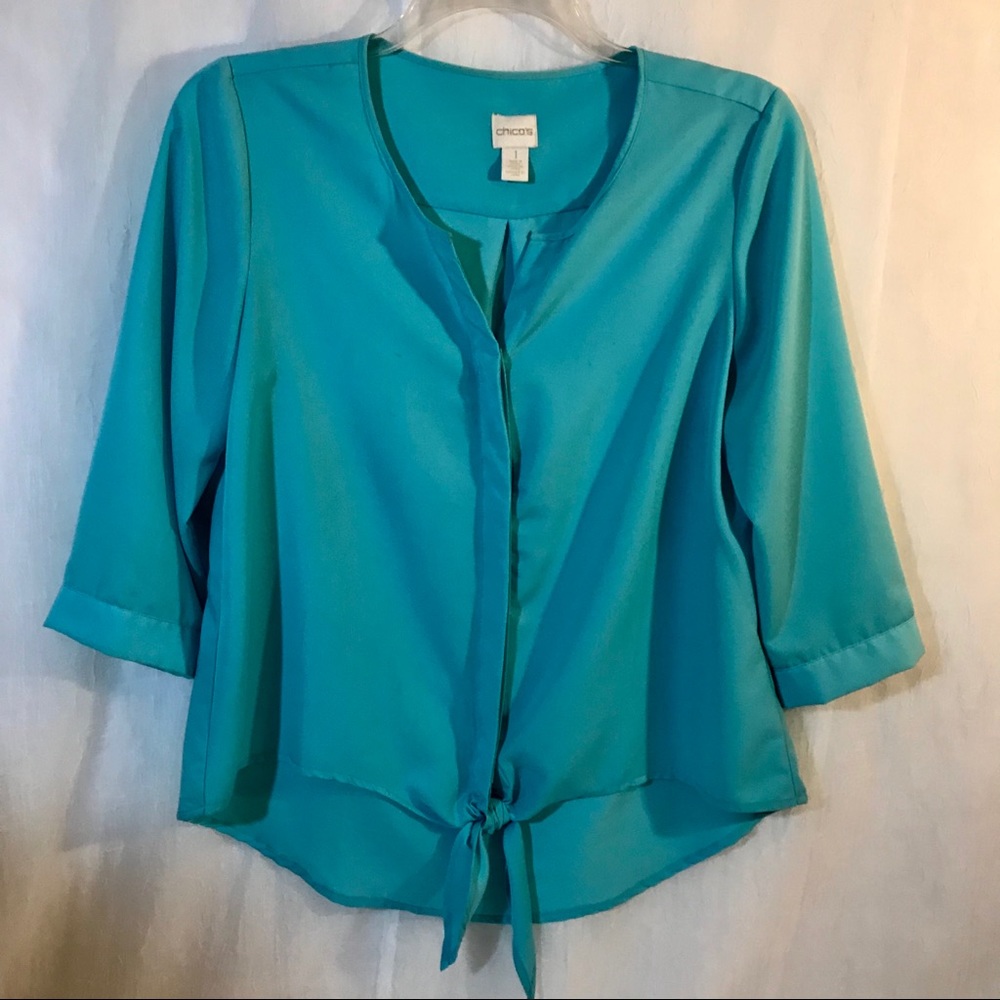Chico’s Teal Split neck tie waist‎ blouse